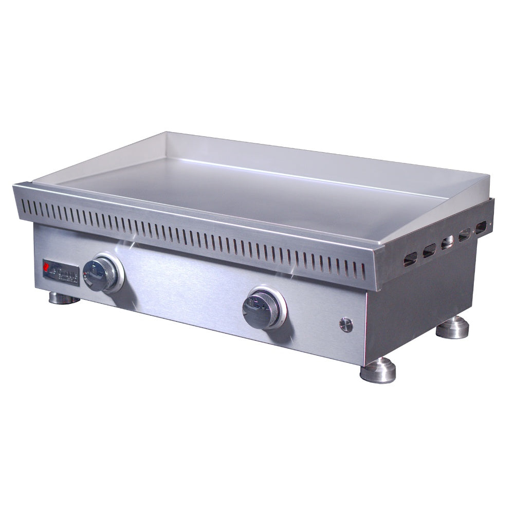 Built-in gas griddle with stainless steel grease tray and two front control knobs
