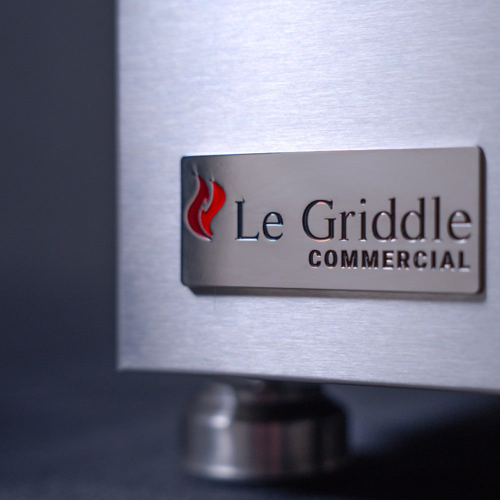 Le Griddle Commercial logo on brushed stainless steel griddle front panel