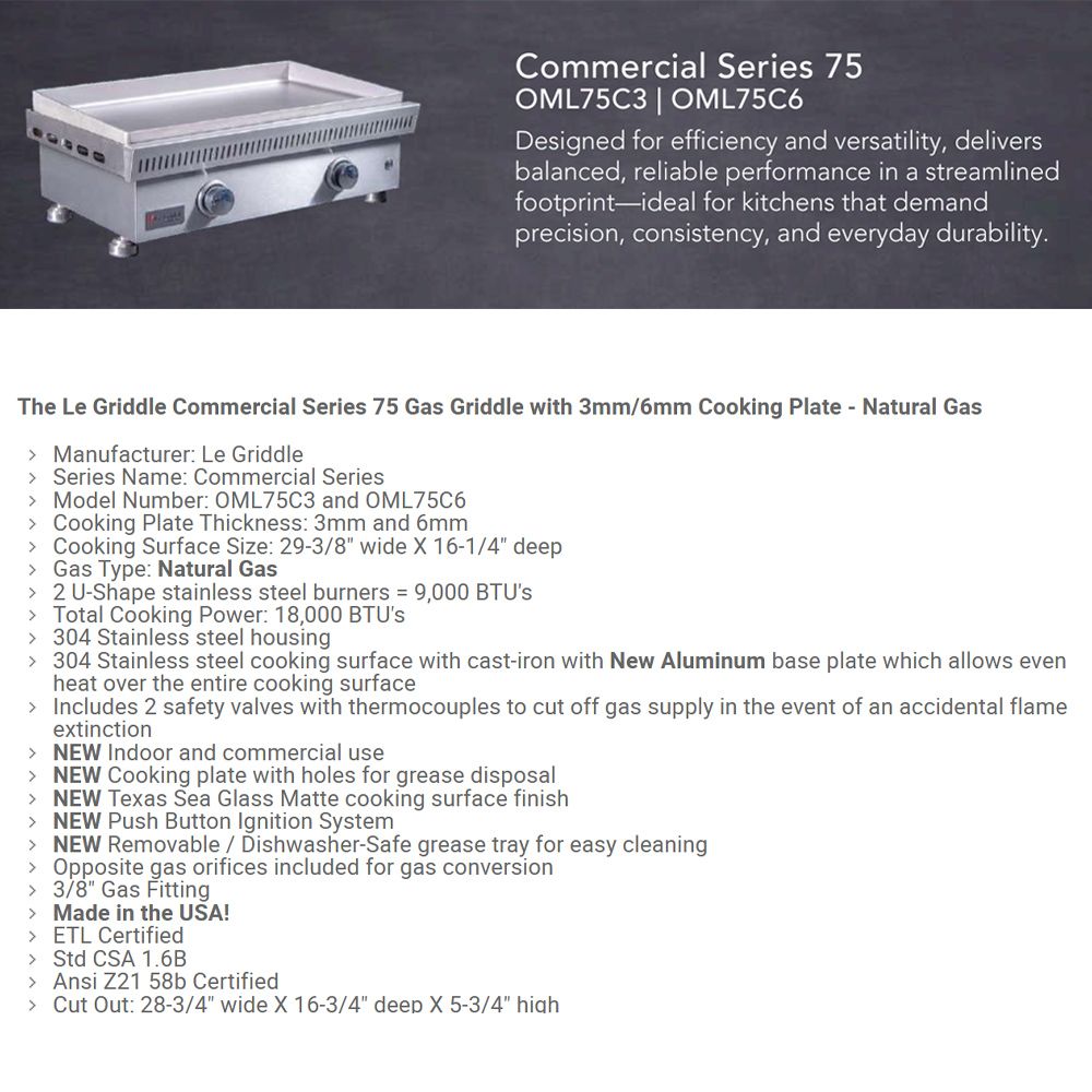 Product specifications panel for Le Griddle Commercial Series 75 gas griddle