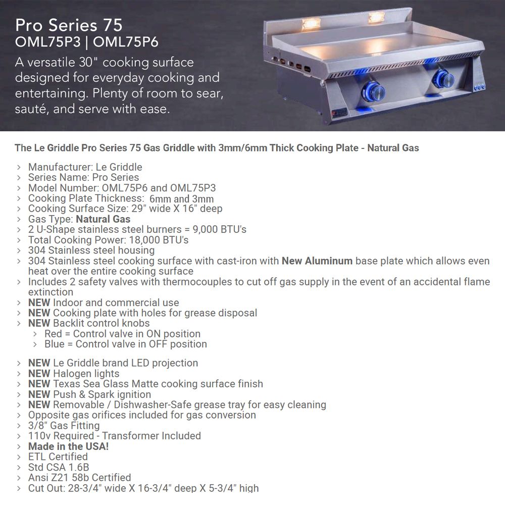 Stainless gas griddle with blue knobs and cooking plate, spec information