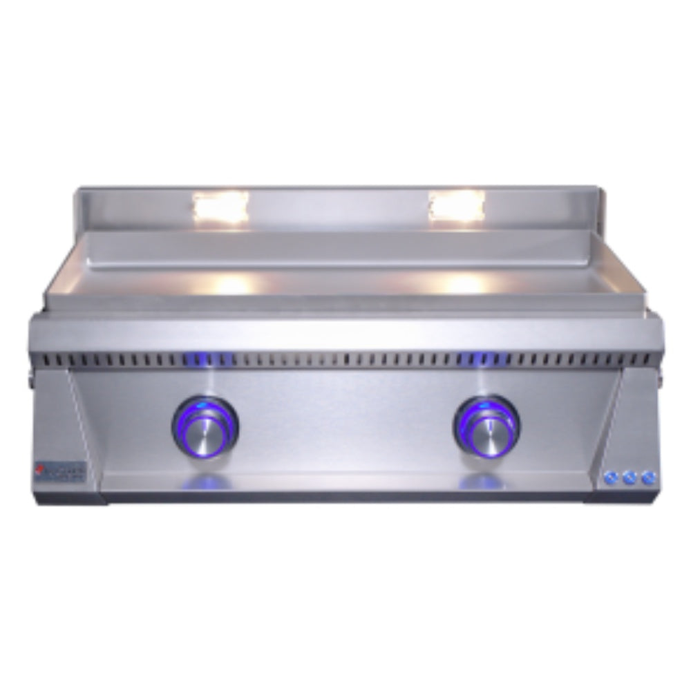 Stainless steel built-in gas griddle front panel with blue burner knobs and control buttons