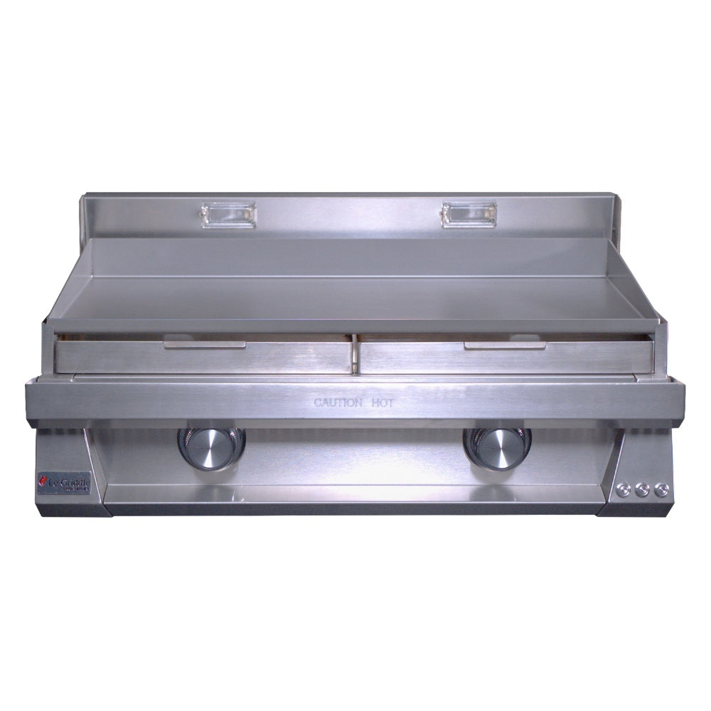 Stainless steel built-in gas griddle with two front control knobs and hinged grease tray