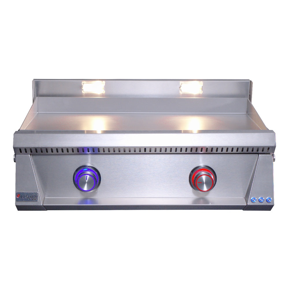 Stainless steel built-in gas griddle with two-tone controls: blue and red knobs