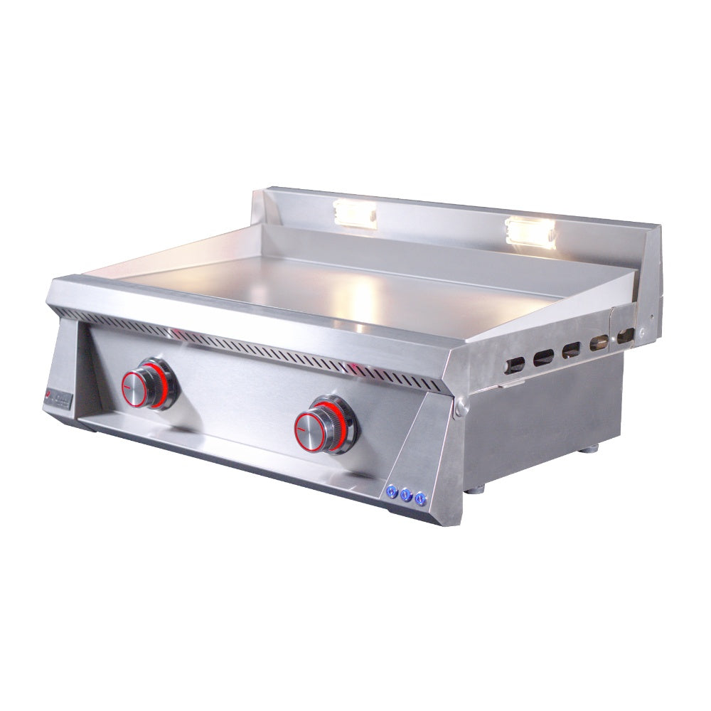 Stainless steel built-in gas griddle side view with two red control knobs
