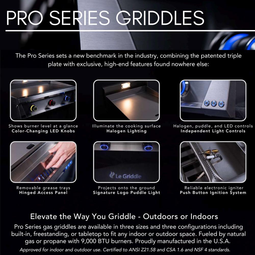 Pro Series gas griddle marketing graphic with blue-lit control knobs and halogen lighting