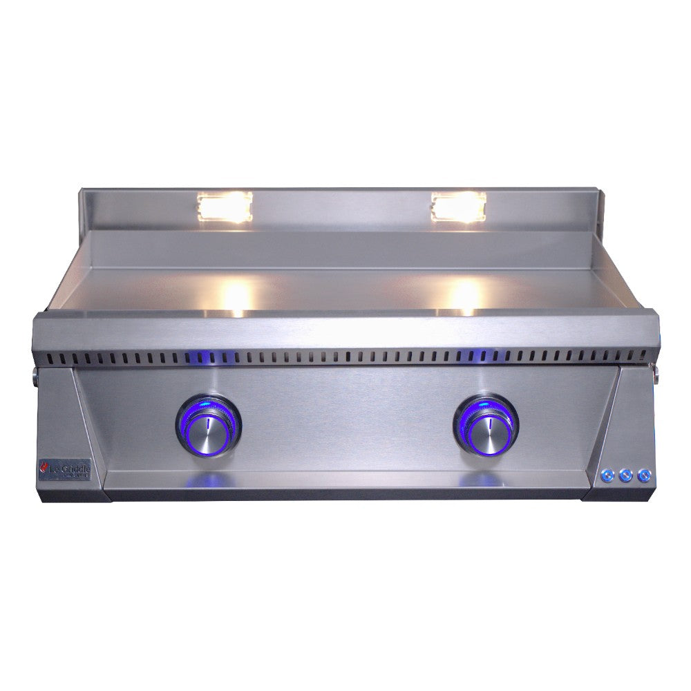 Built-in gas griddle front view with stainless steel body, two blue knobs and vent slots