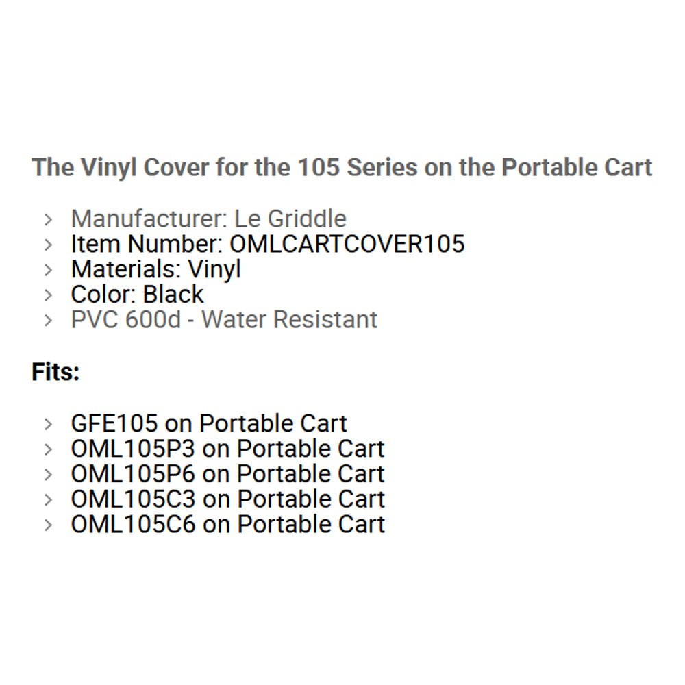 Vinyl cover for 105 series on portable cart—Le Griddle, black vinyl, water resistant