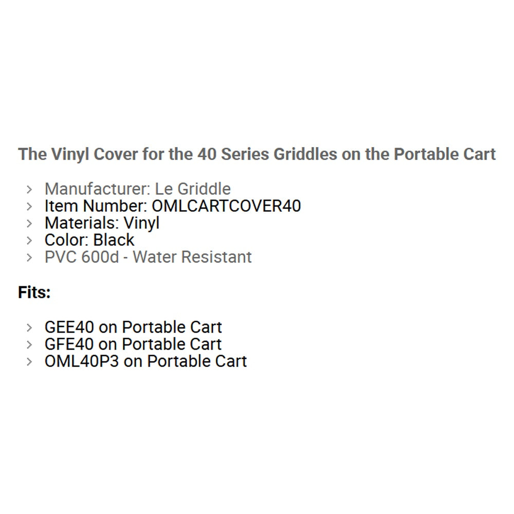 Vinyl cover specifications text for Le Griddle 40 Series griddles