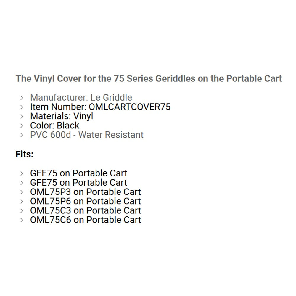 Vinyl cover details text: item OMLCARTCOVER75, PVC 600D, water resistant