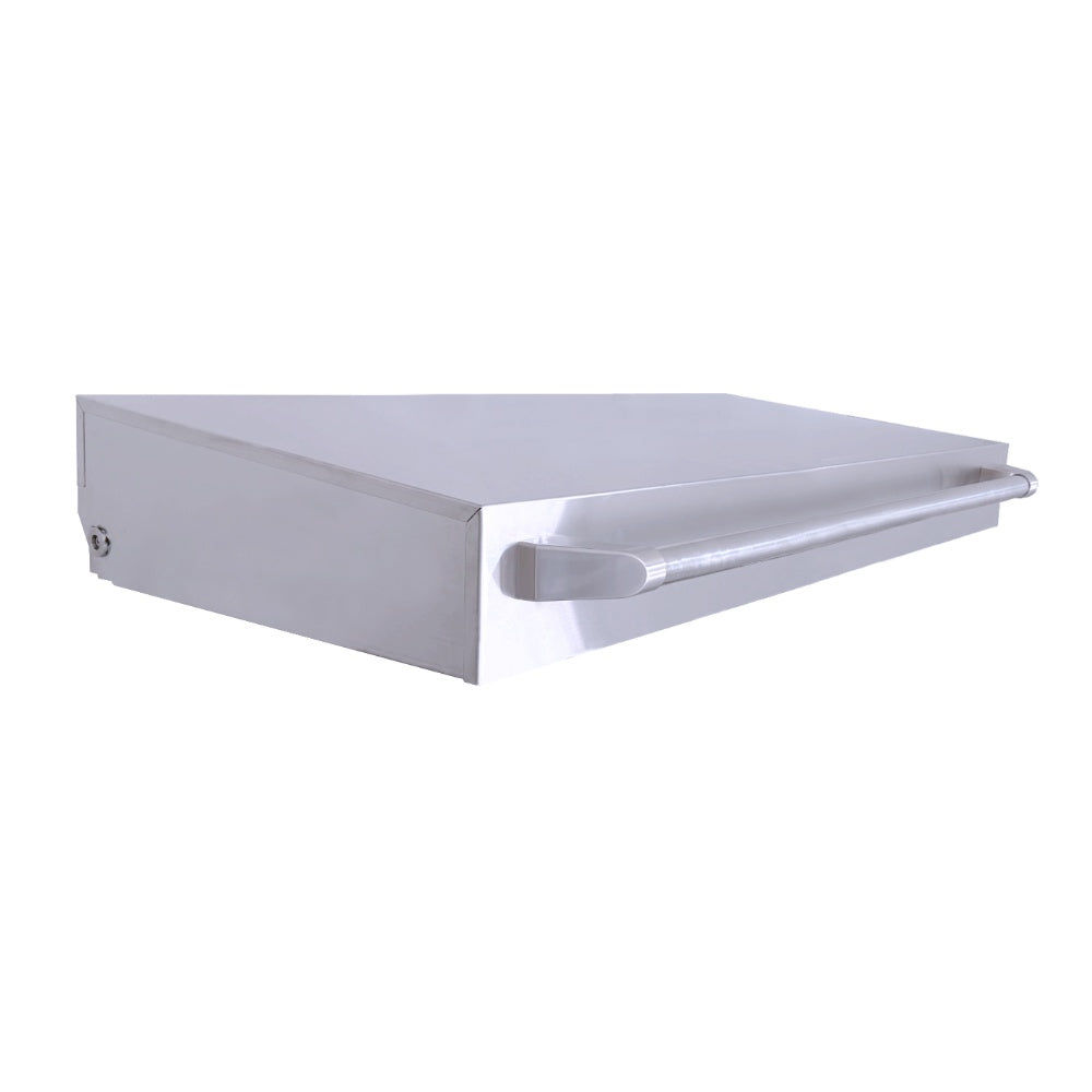 Open stainless steel griddle lid with front bar handle and smooth sides