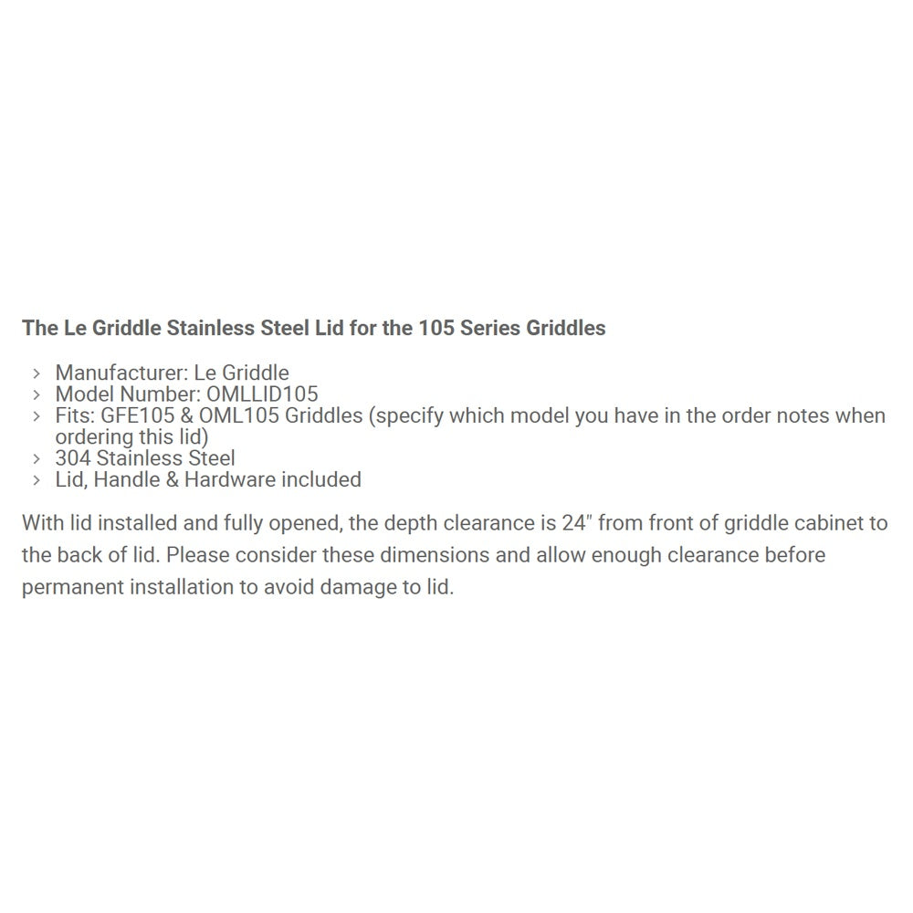 Stainless steel griddle lid spec sheet with model and dimension notes