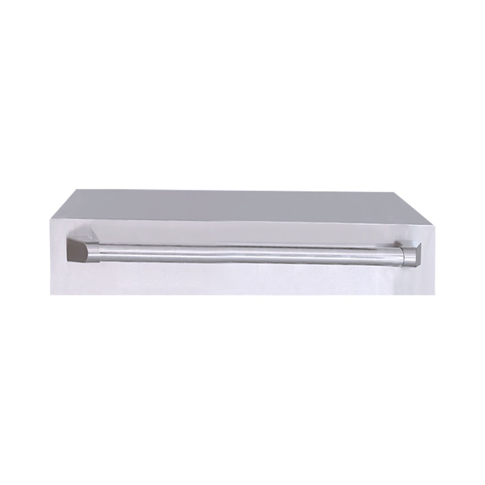 Stainless steel griddle lid with long handle bar, front view