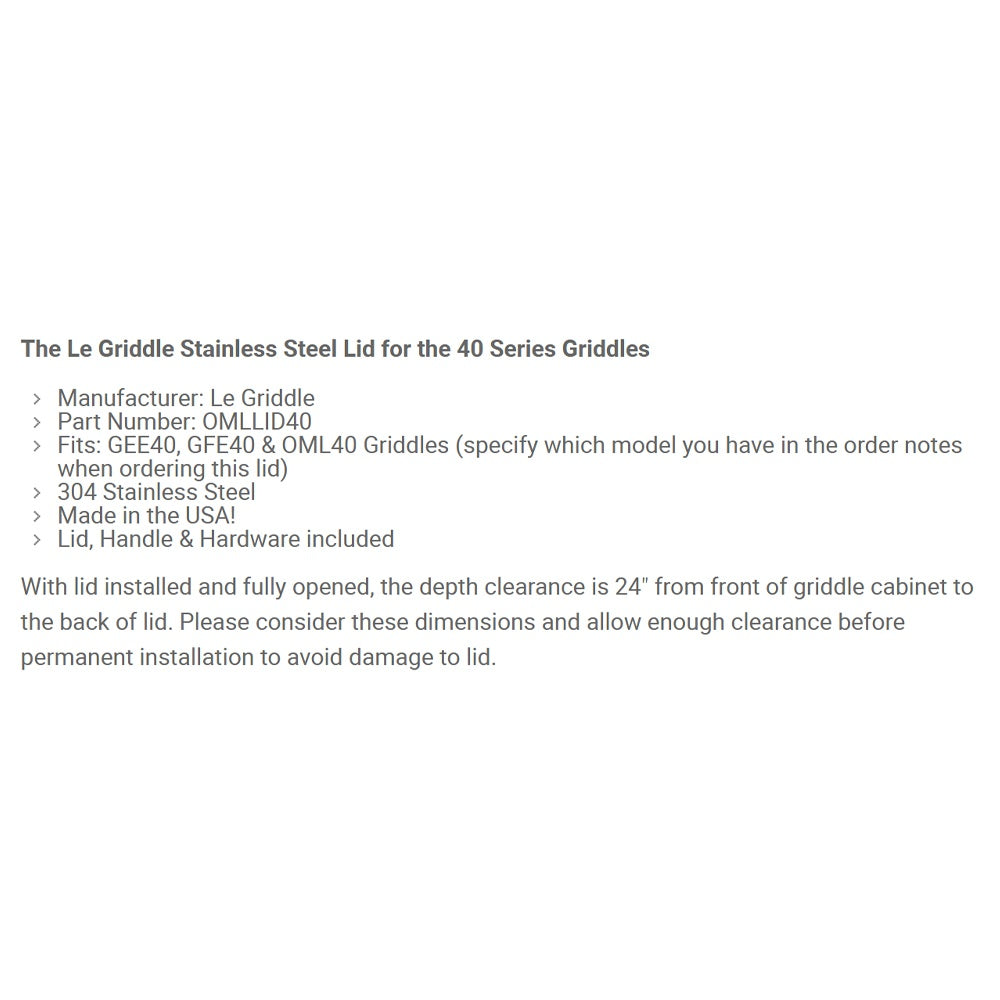 Le Griddle stainless steel lid info: model notes, clearance depth, included parts