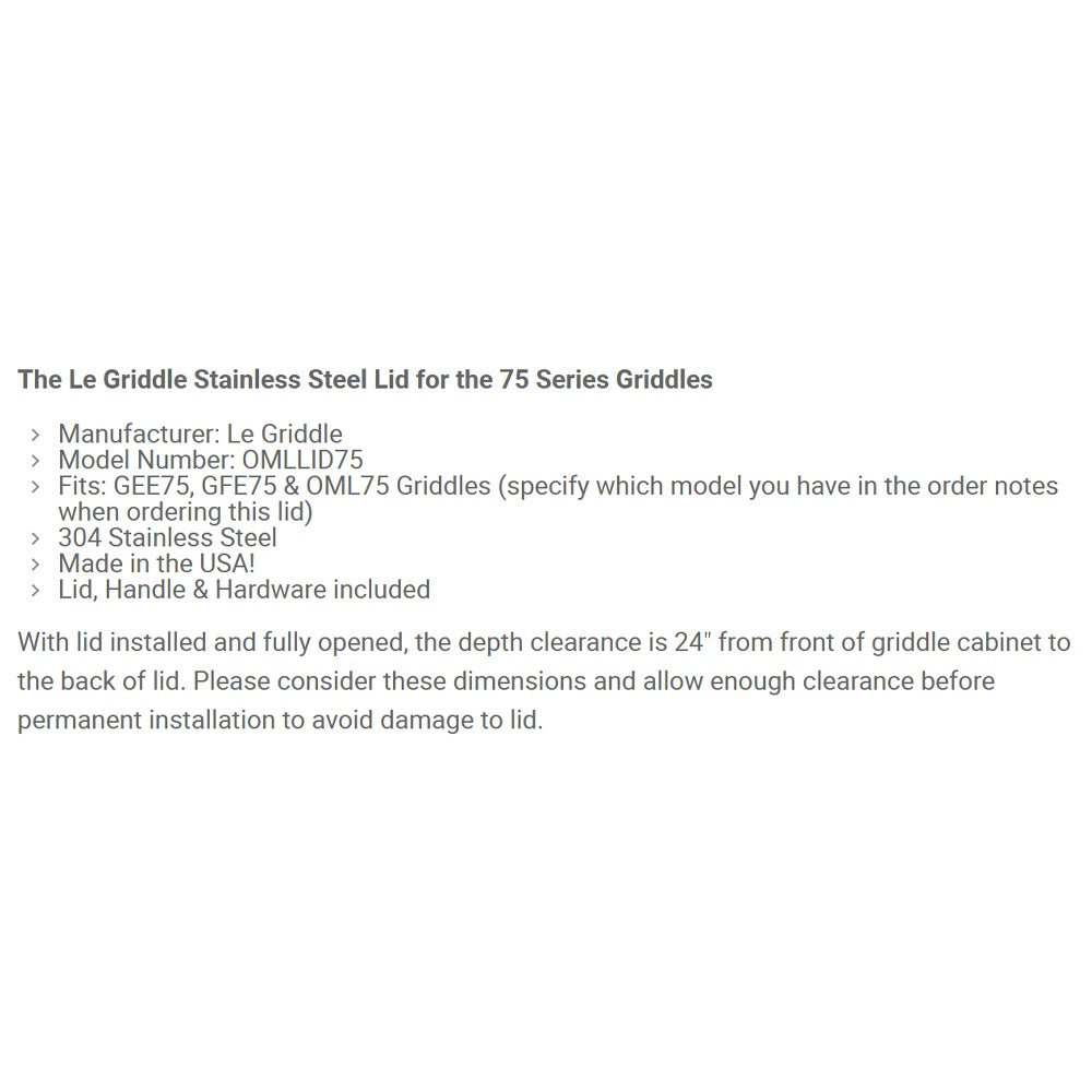 Le Griddle stainless steel lid specifications and fitment details