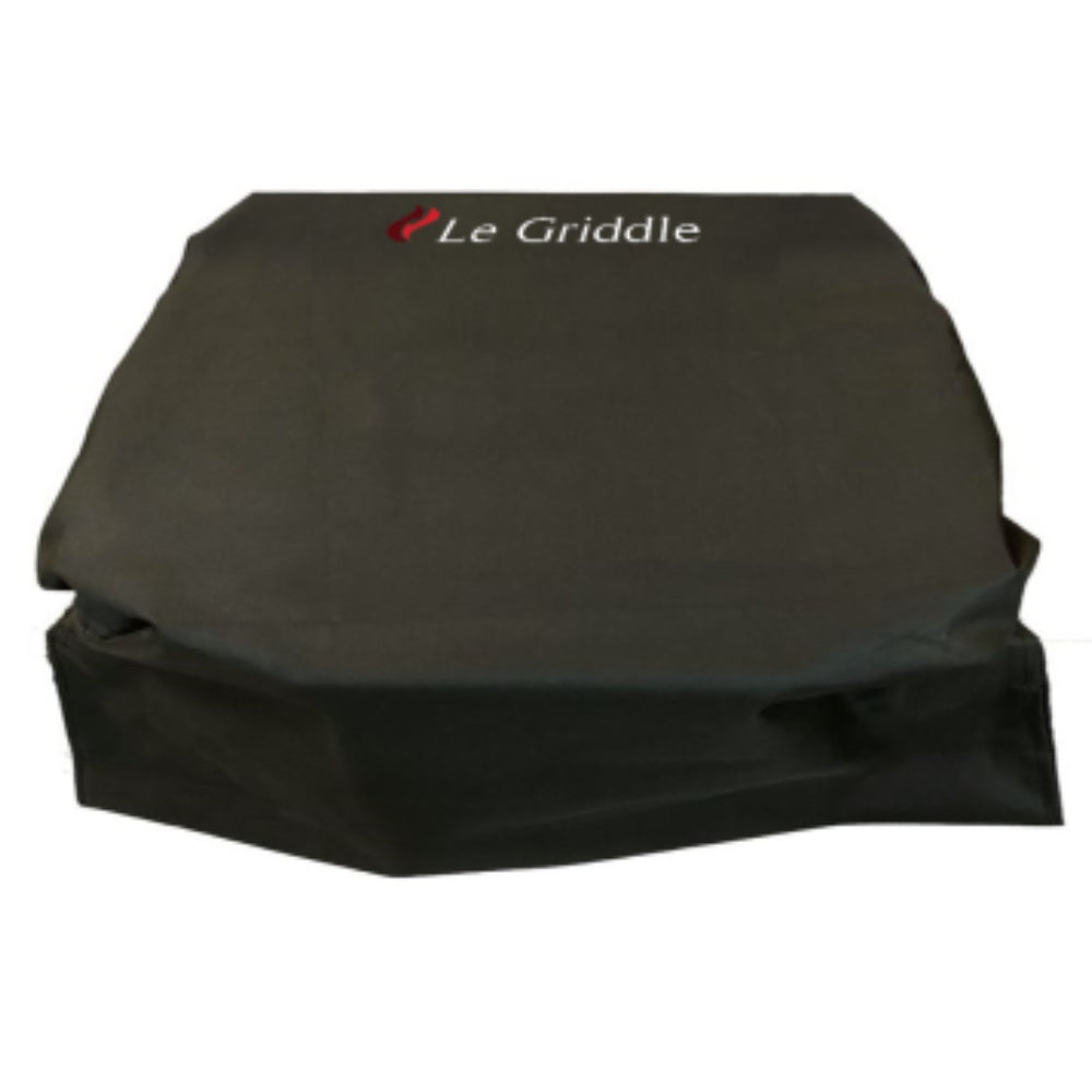 Black vinyl grill cover with Le Griddle logo, fitted over a griddle lid
