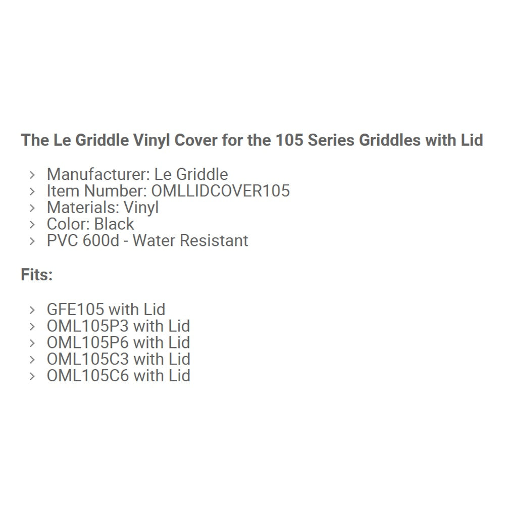 Black vinyl grill cover label card with Le Griddle logo and fit list