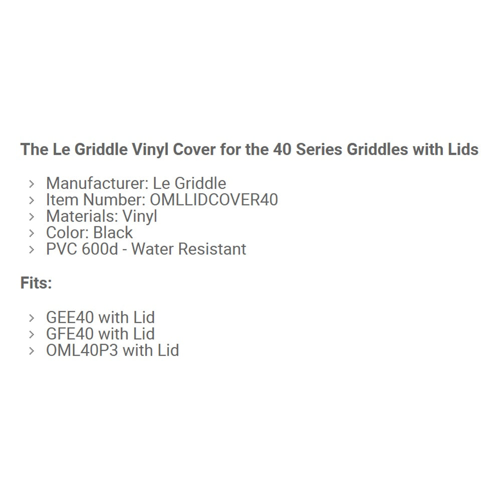 Le Griddle vinyl cover for 40 series with lids specification text