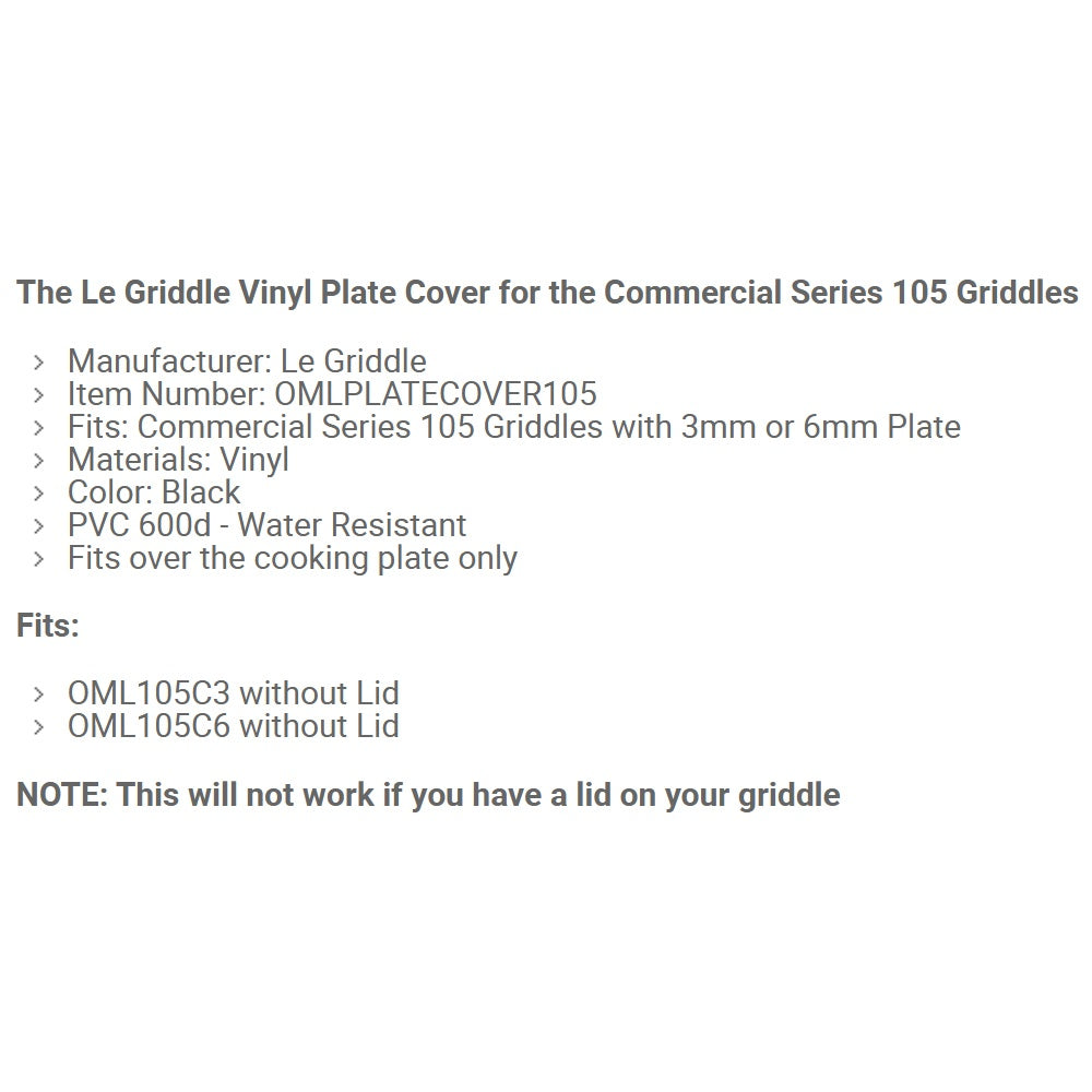 Vinyl plate cover spec panel listing fit for Commercial Series 105 griddles, black