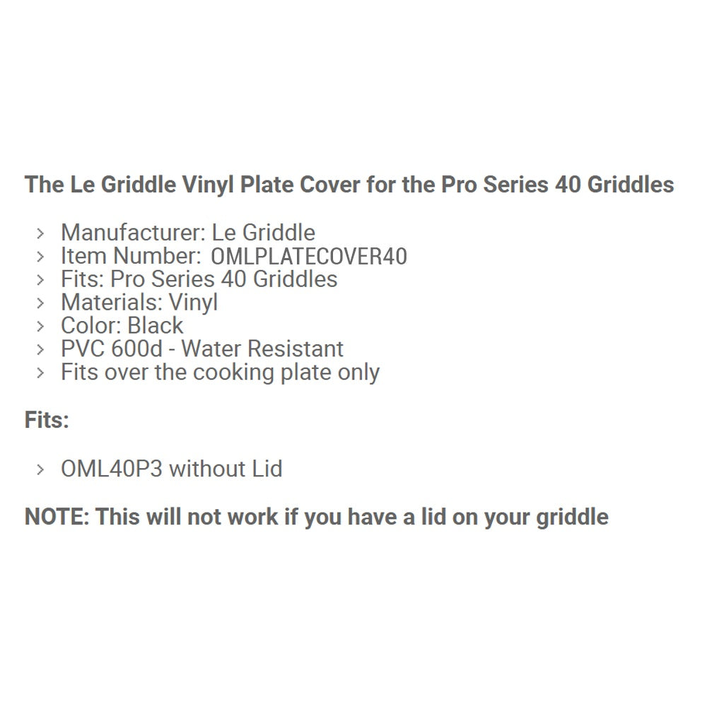 Product info text for Le Griddle vinyl griddle plate cover, black, water resistant