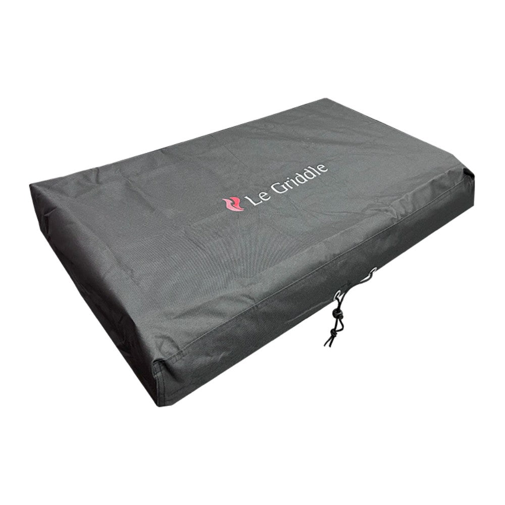 Dark gray vinyl griddle cover with drawstring closure and Le Griddle logo
