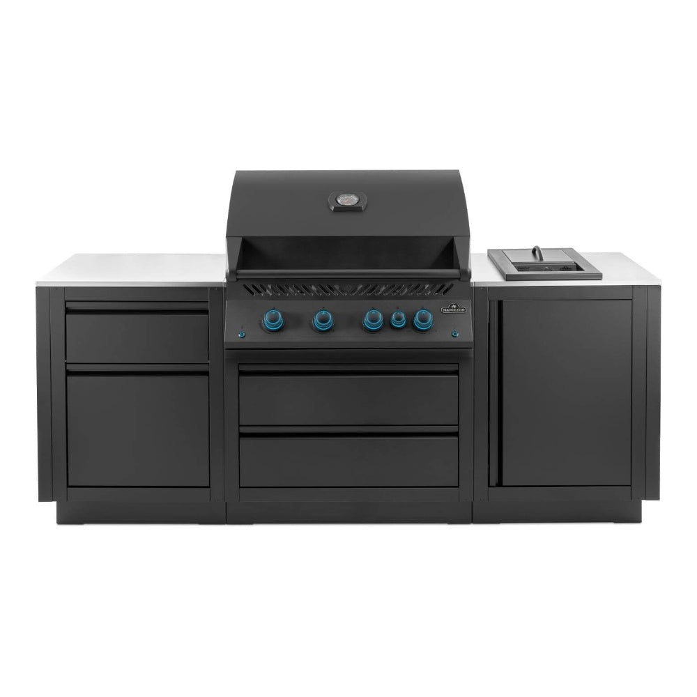 Matte black built-in gas grill with cabinet base, center doors, and control knobs on front panel