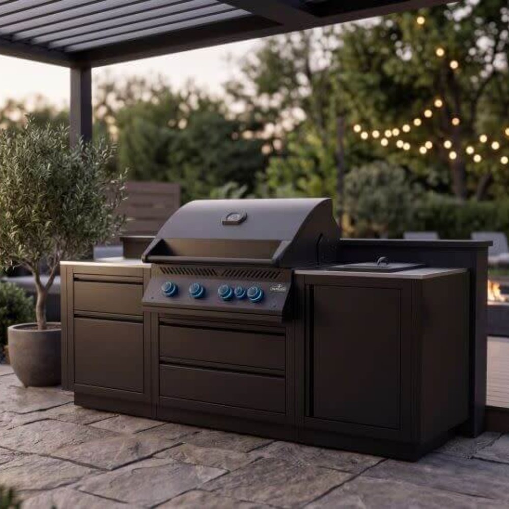 Matte black outdoor built-in gas grill with side burner, storage doors, and blue control knobs