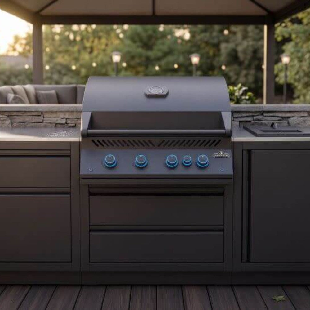 Matte black outdoor gas grill with closed hood, front panel controls, and built-in doors
