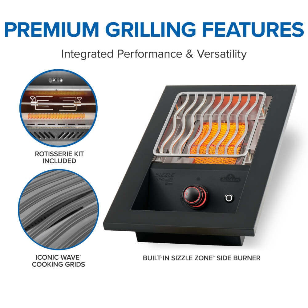 Gas grill with built-in side burner and warming/rotisserie accessory feature area