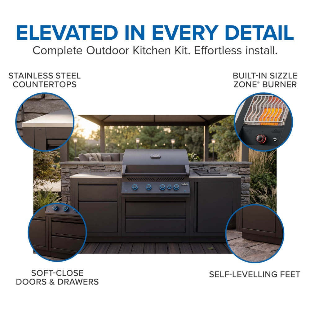 Matte black outdoor built-in gas grill with stainless-style counter and storage doors