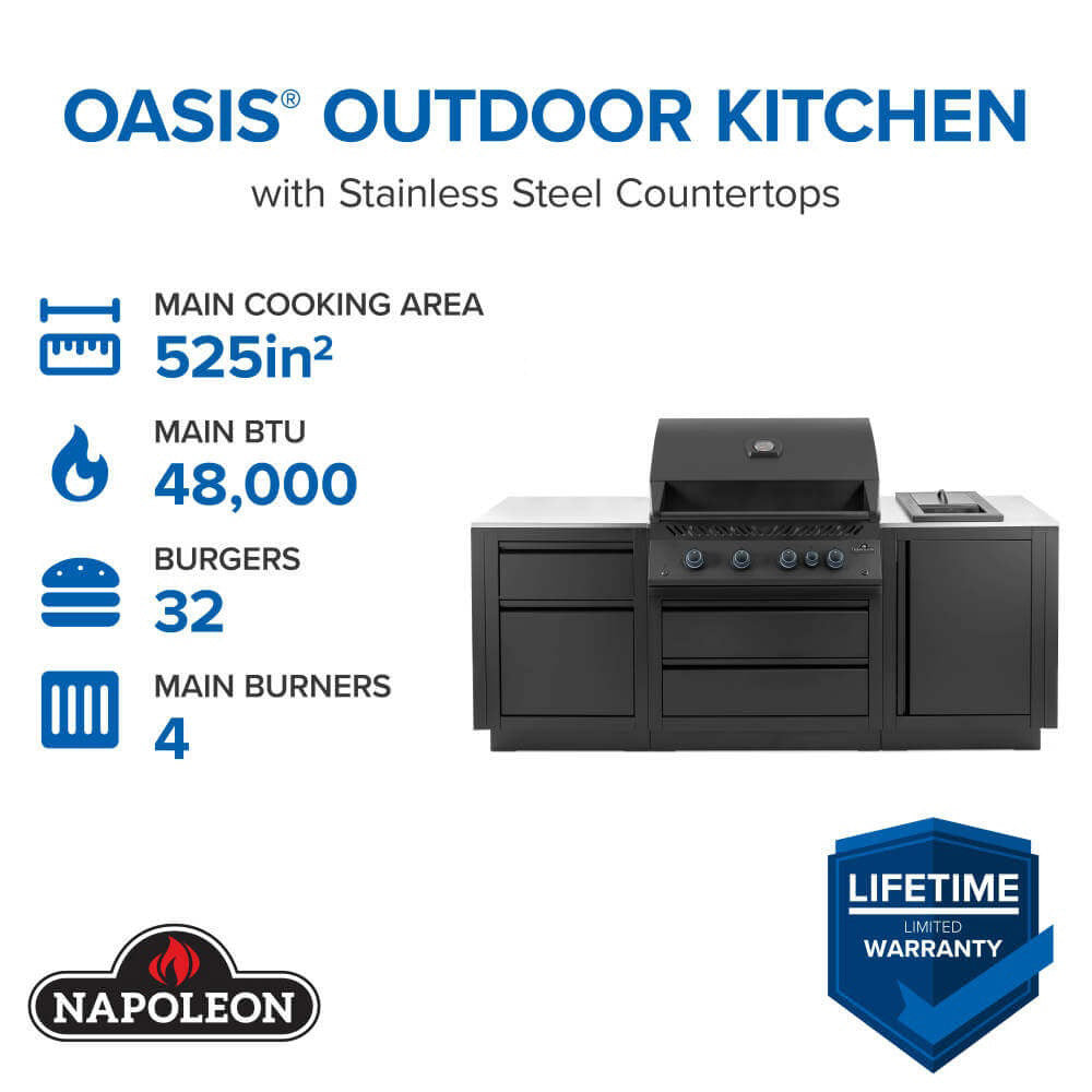 Outdoor kitchen grill with stainless steel countertops and control panel over cabinet base