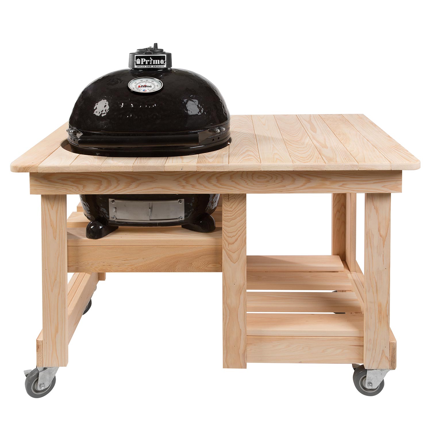 Charcoal oval ceramic kamado grill on wooden table with wheels