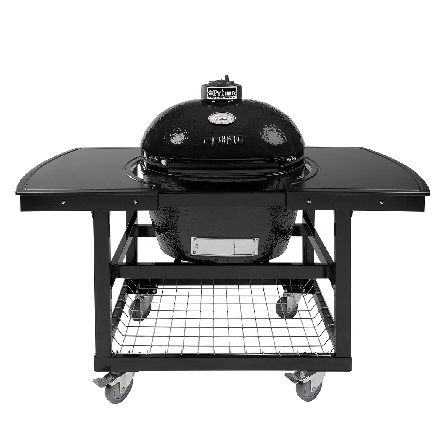 Charcoal ceramic kamado grill with oval lid and side shelves on rolling cart