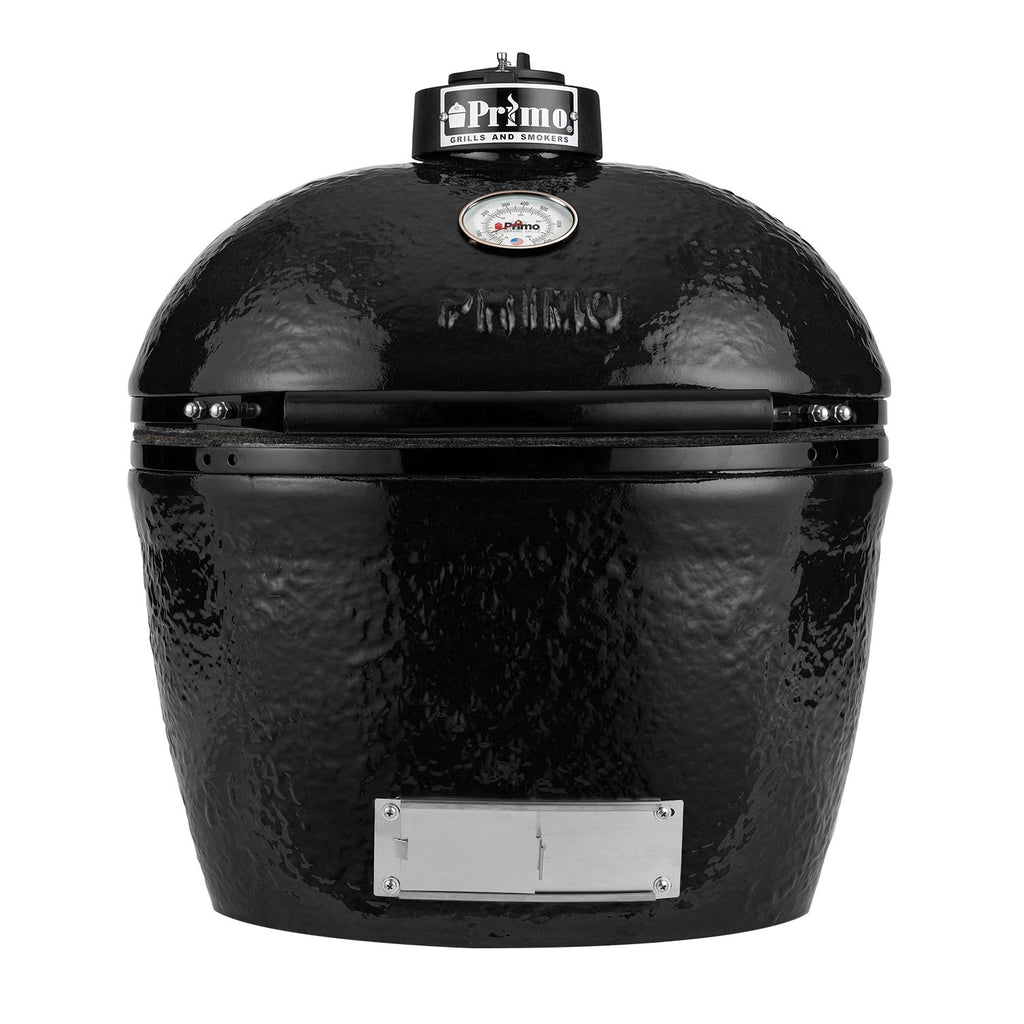 Charcoal ceramic kamado grill head with black dome lid and Primo badge, large oval