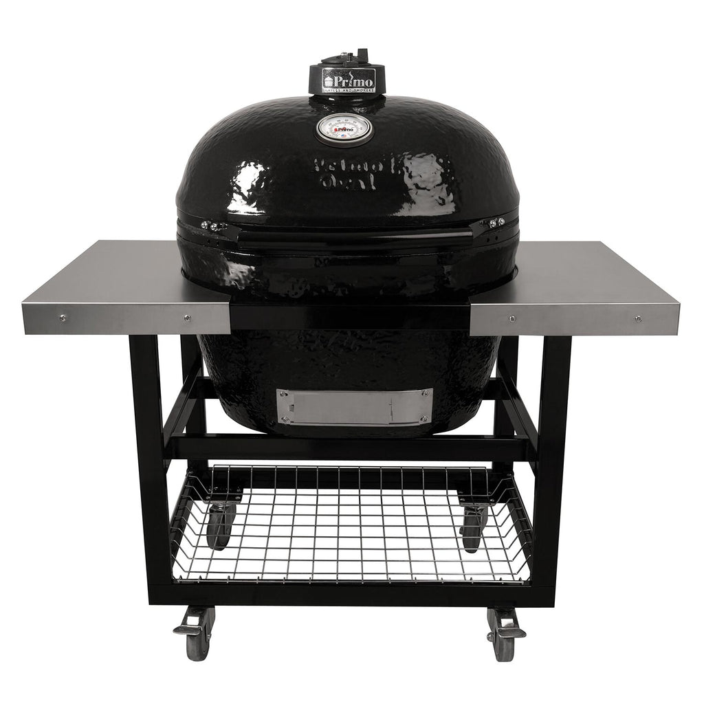 Oval ceramic charcoal kamado grill on wheeled cart with front firebox panel and grill grate