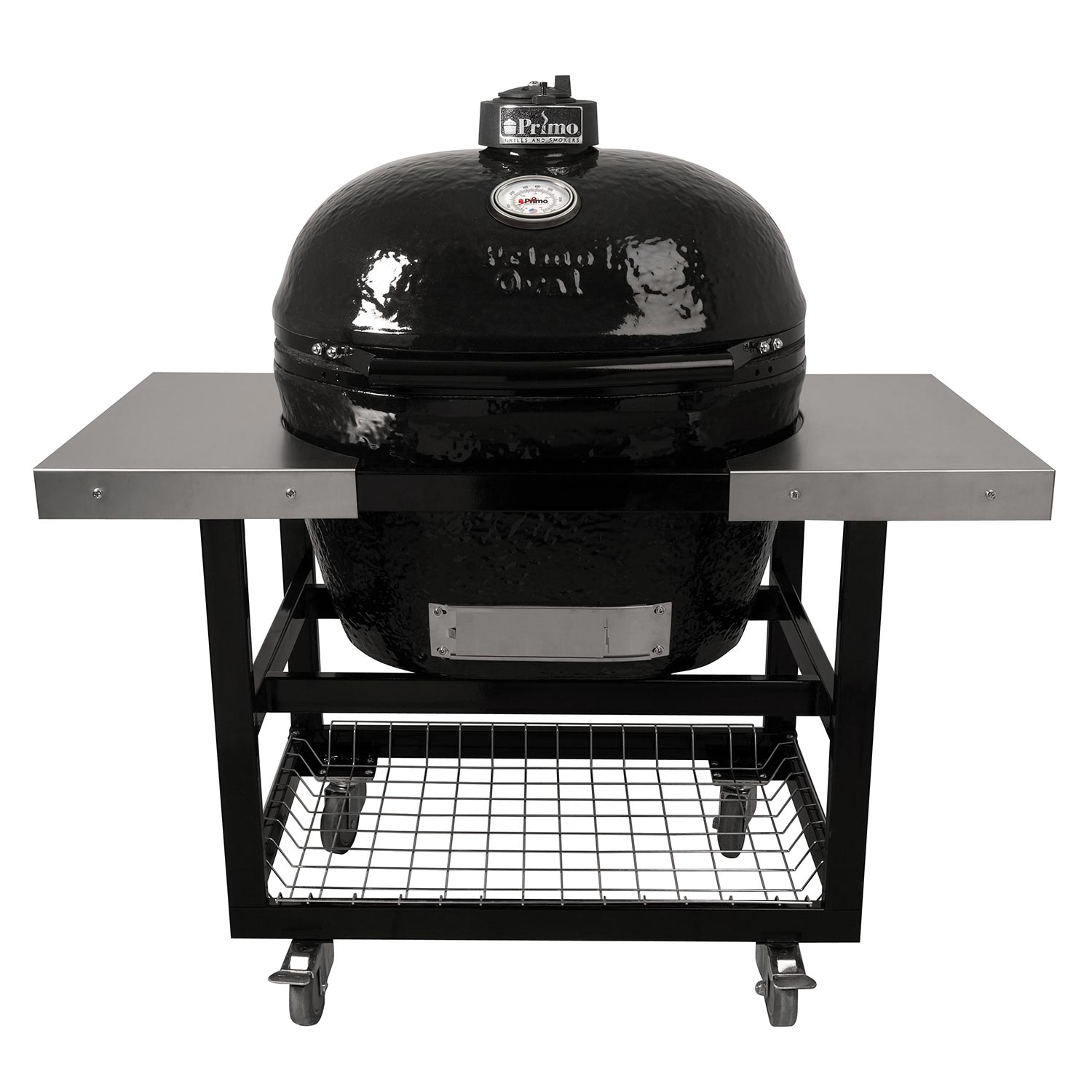 Oval ceramic charcoal kamado grill on wheeled cart with front firebox panel and grill grate