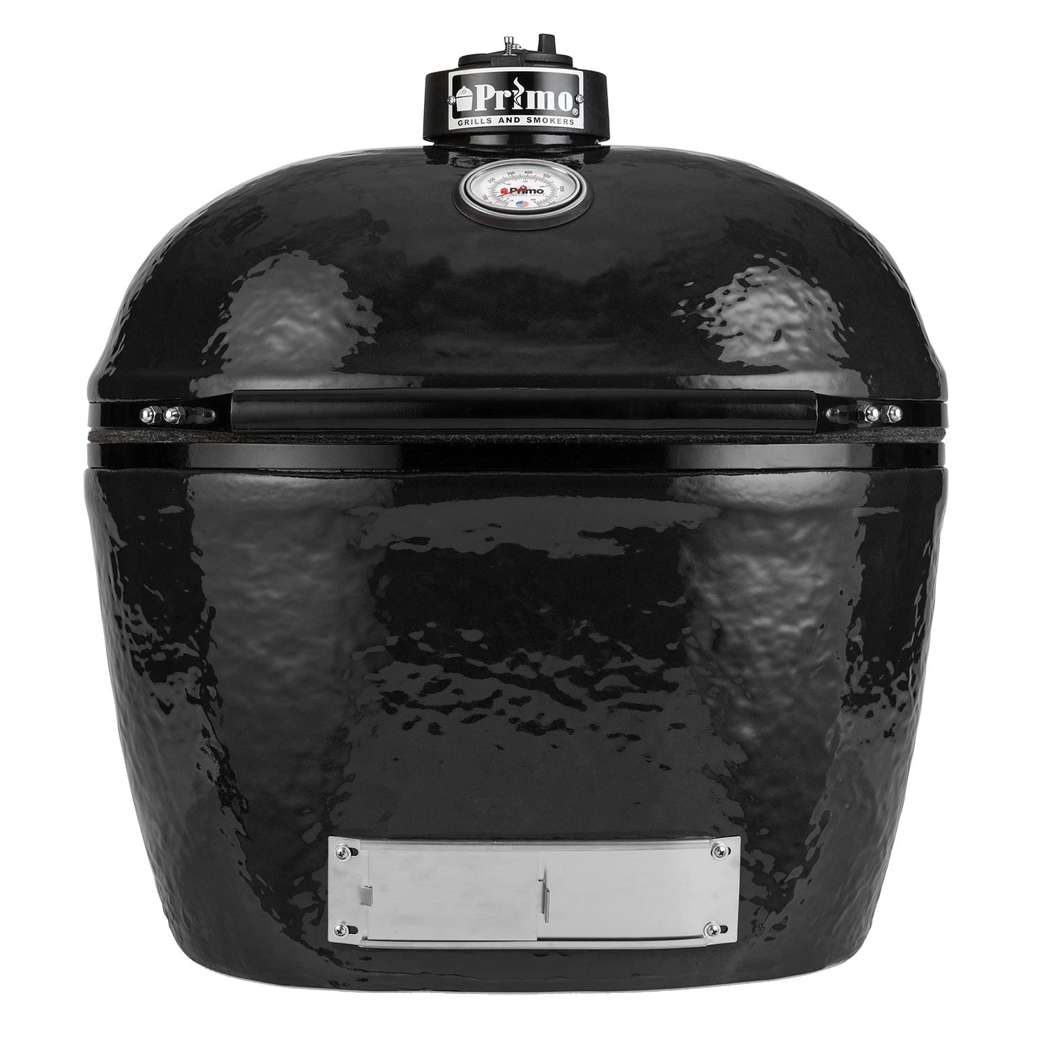 Charcoal ceramic kamado grill head with Primo logo on the lid and black handle