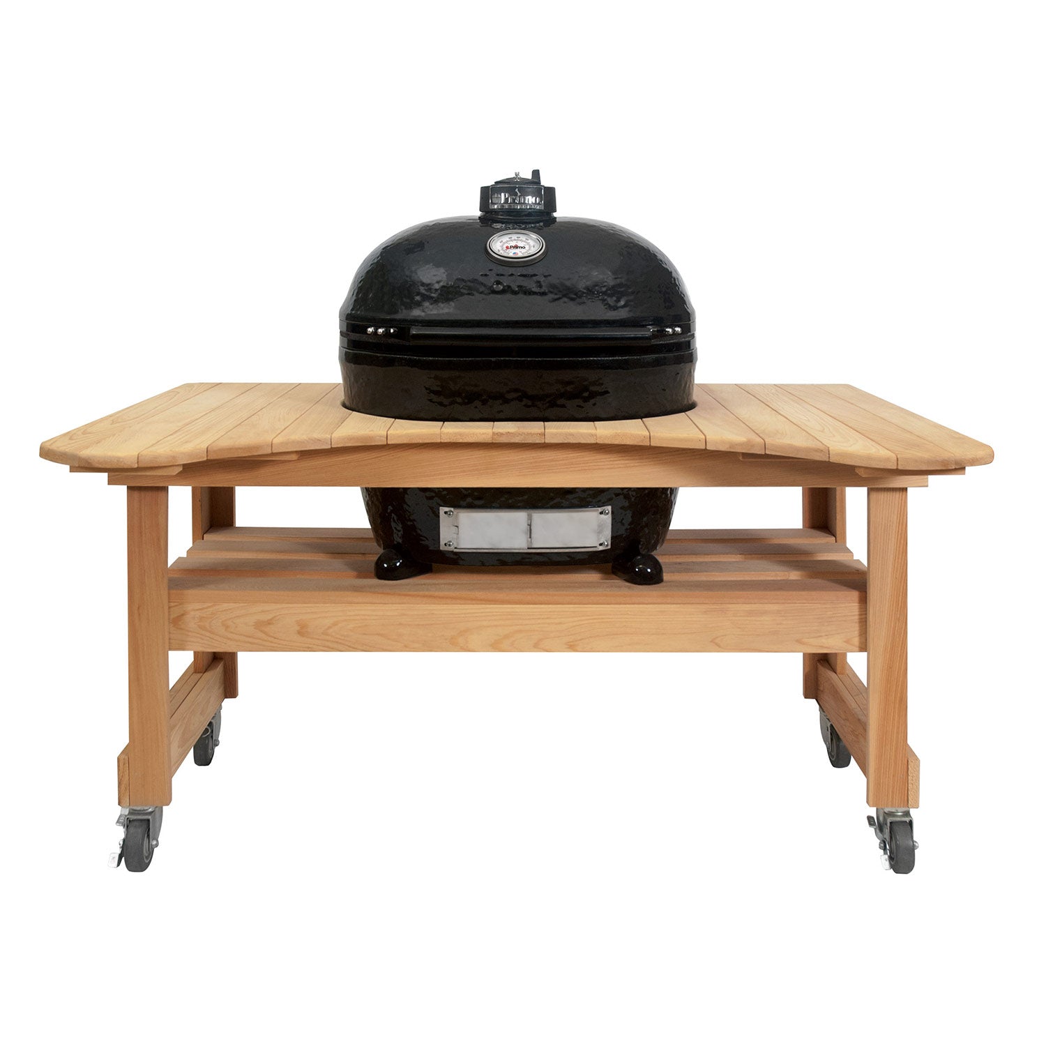 Charcoal oval ceramic kamado grill with black lid on wheeled wooden outdoor table