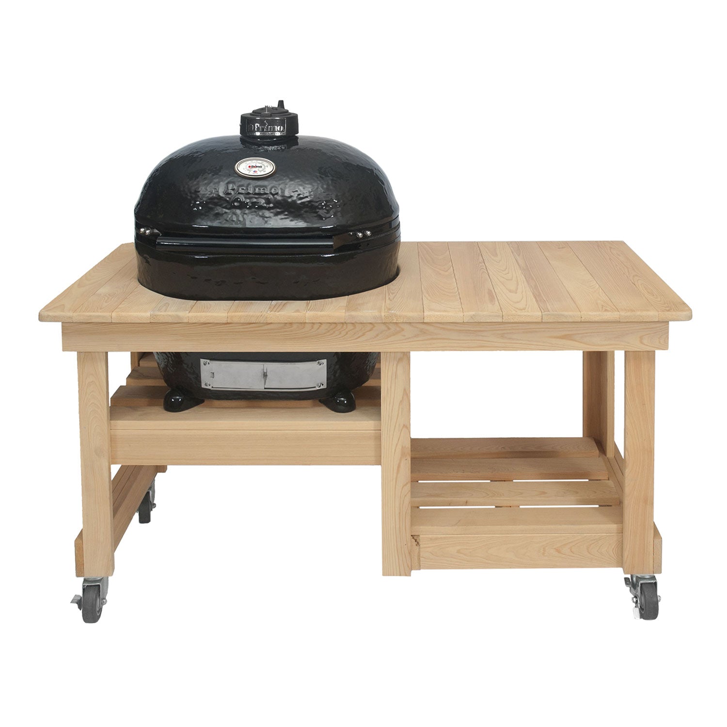 Large oval ceramic kamado grill on cypress countertop table with lid closed