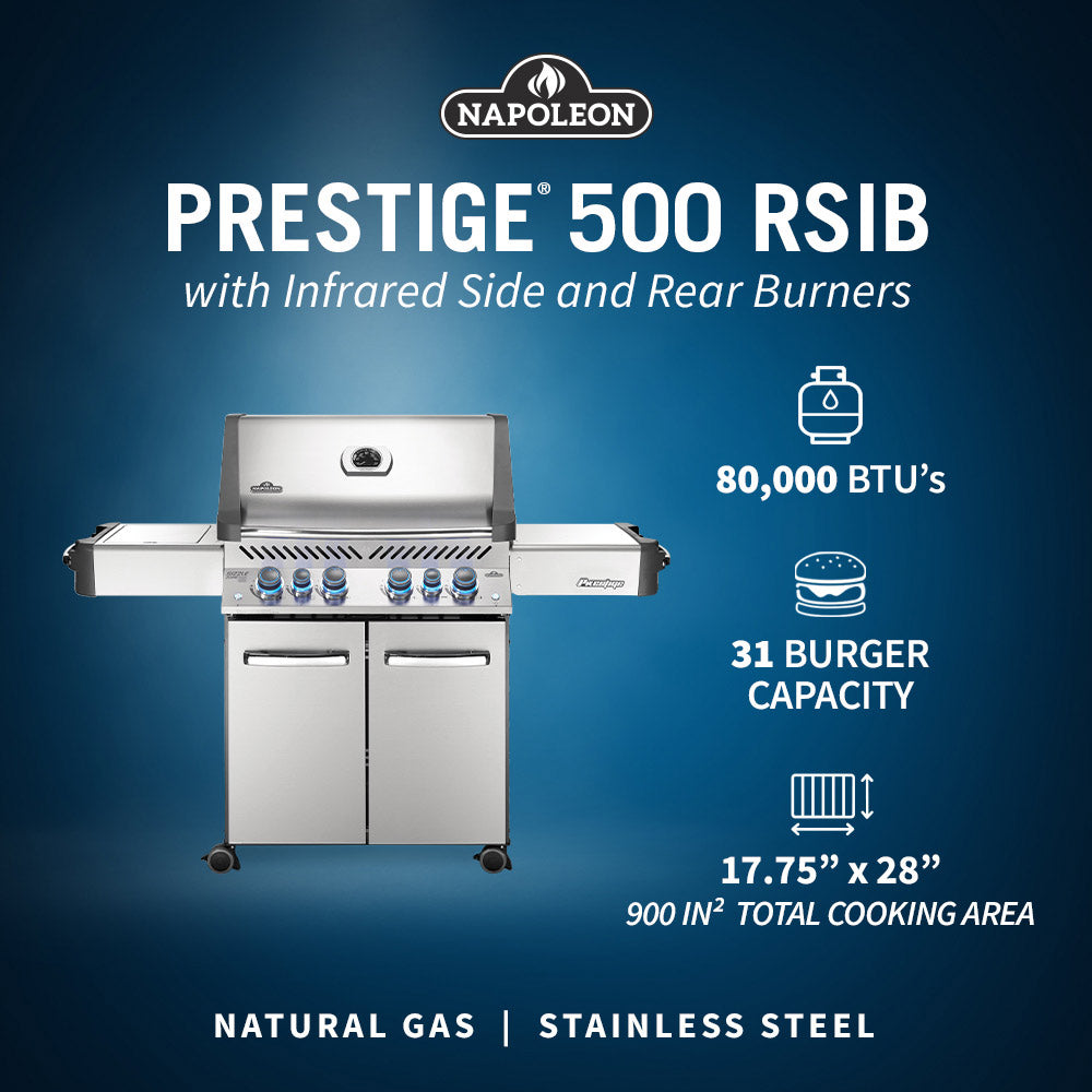 Napoleon P500RSIB-3 Prestige 500 Gas Grill On Cart with Rotisserie and Side Burner, 28-Inches