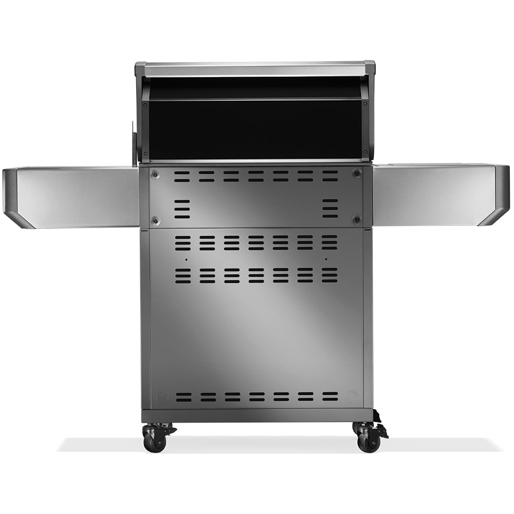 Stainless steel gas grill with open lid and rear vented panels on wheeled cart