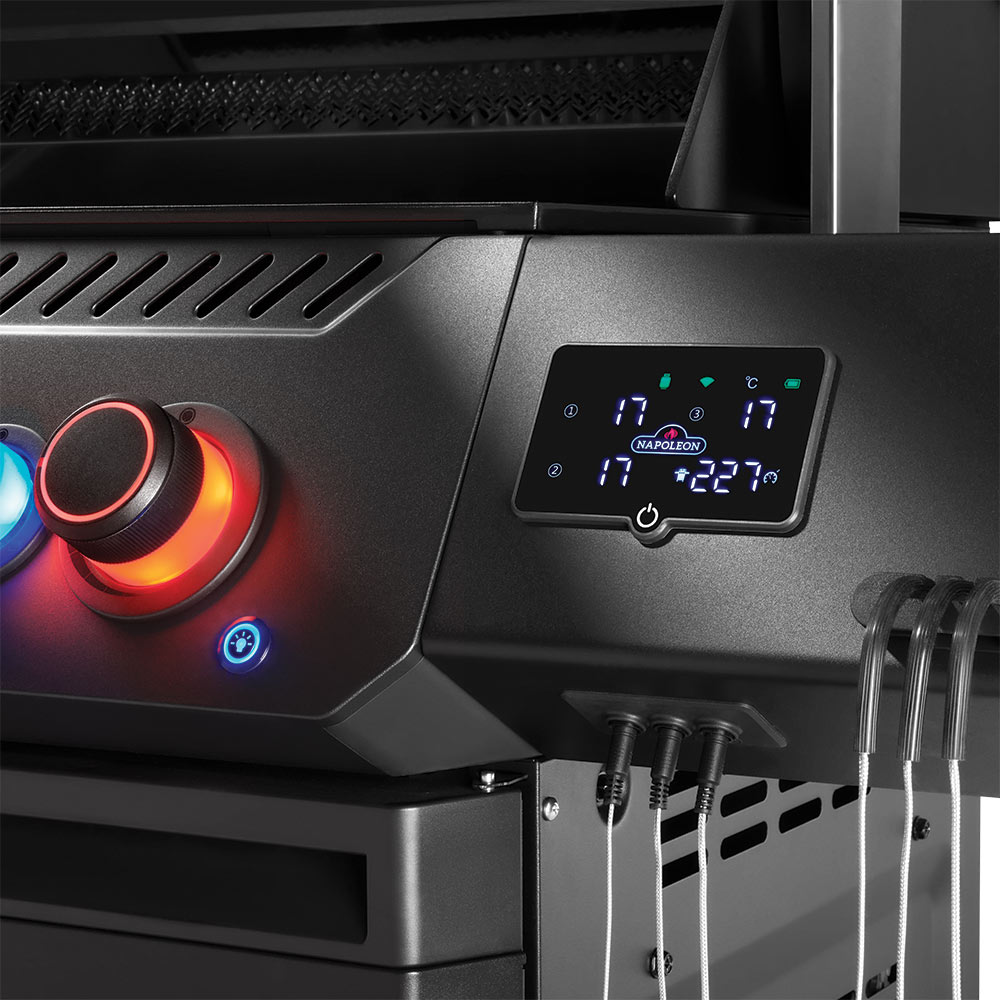 Napoleon gas grill control panel with digital display and illuminated temperature icons