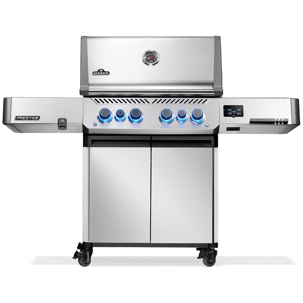 Stainless steel gas grill on cart with control knobs and side shelf