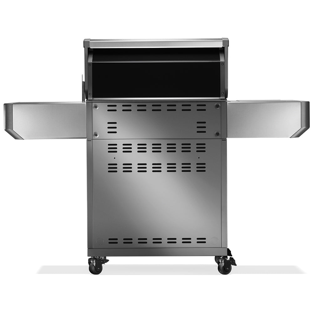 Gas grill on cart showing open hood and vented rear panel