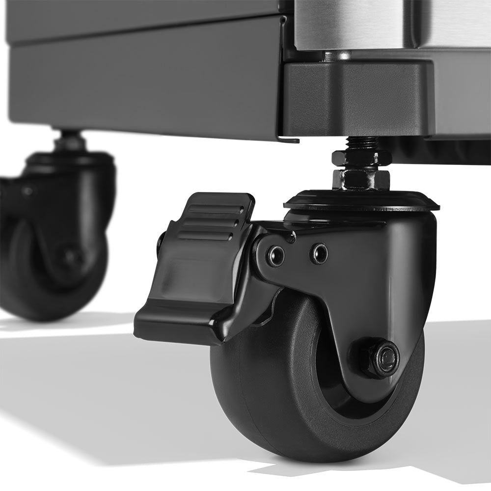 Gas grill cart caster wheels with metal base and side panel detail