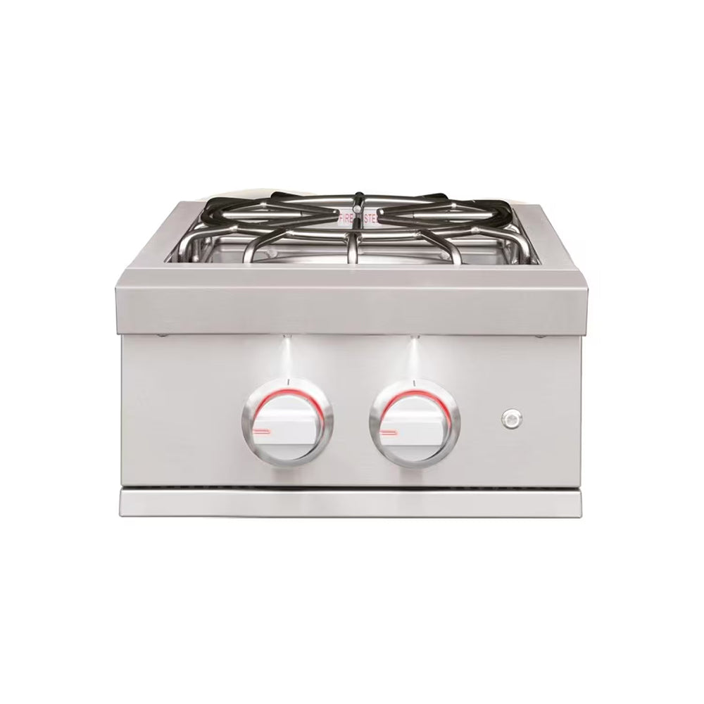 Stainless built-in gas power burner with two front control knobs and grate top