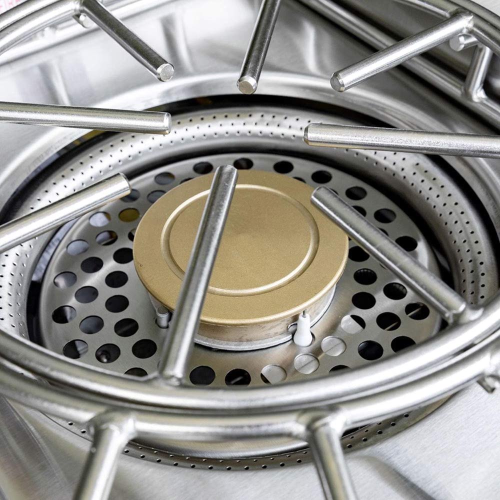 Stainless burner head with perforated heat shield, flame ports, and support rods