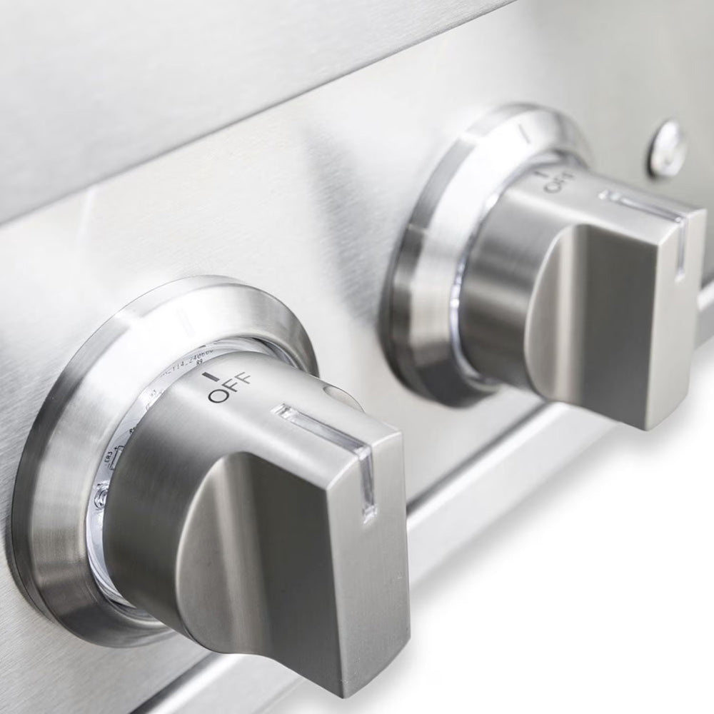 Stainless control knobs with OFF markings on built-in gas power burner
