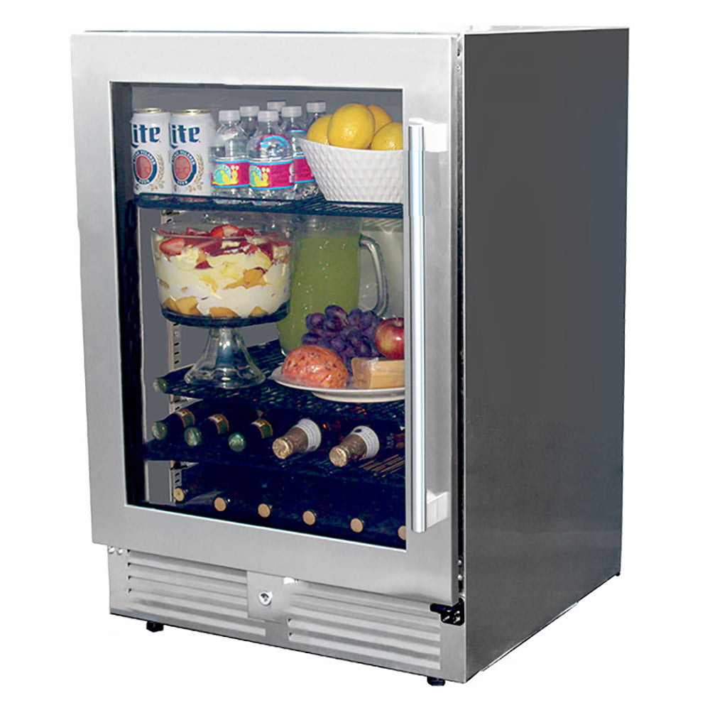 24-inch stainless steel outdoor-rated refrigerator with open door, stocked shelves visible