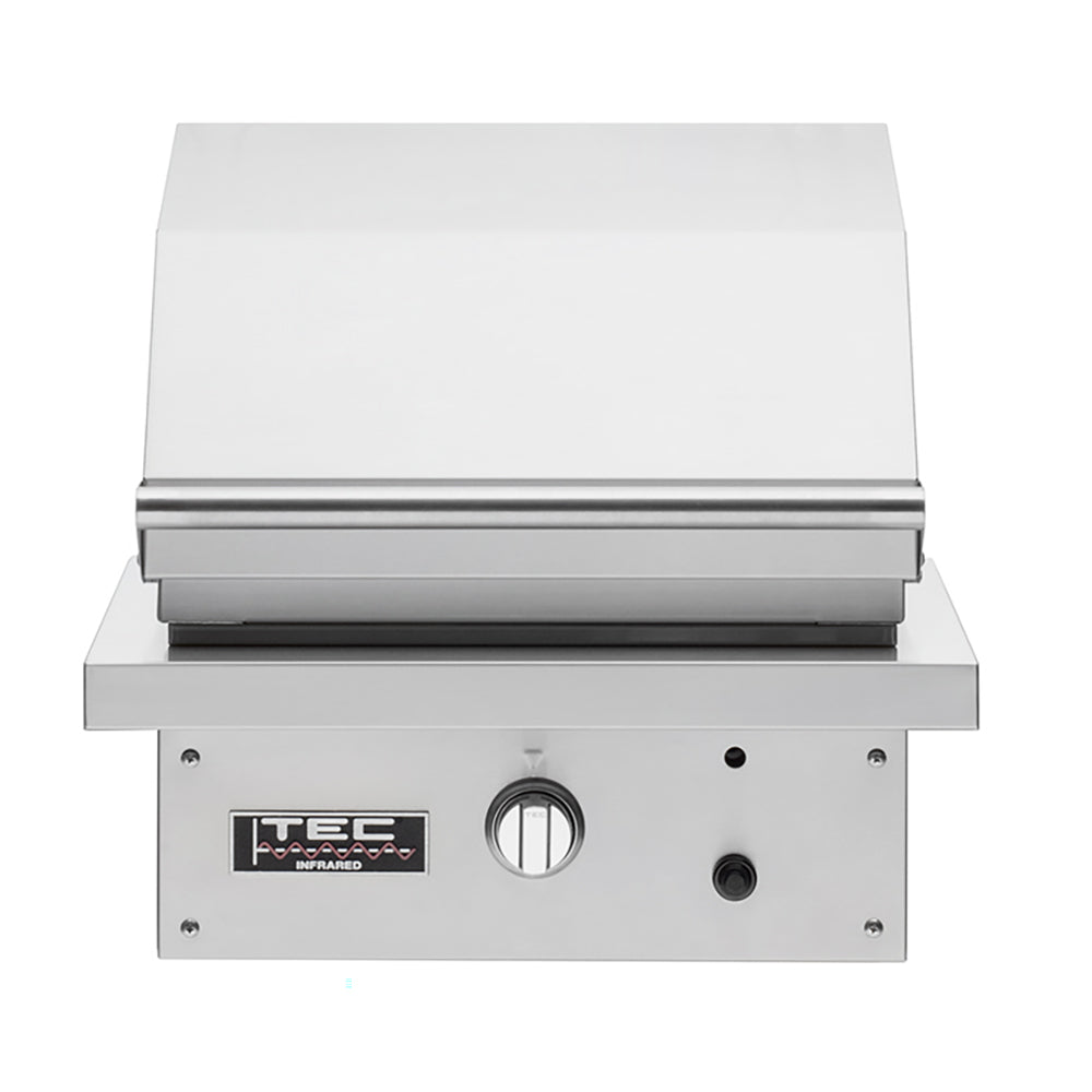 Built-in infrared gas grill with control panel and closed lid, stainless steel