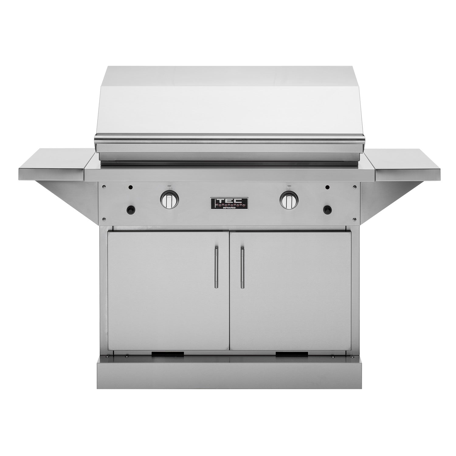 Freestanding stainless steel infrared gas grill on cabinet pedestal with front control knobs